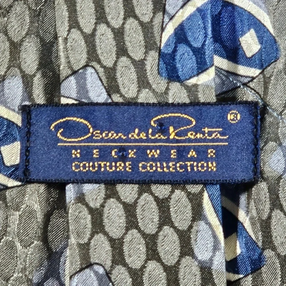 Vintage Oscar de la Renta Silk Tie Mens Grey Blue‎ Geometric Couture Collection